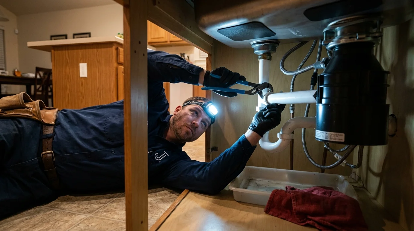 P-trap and supply line connections under a kitchen sink showing a common leak point in Winton, CA